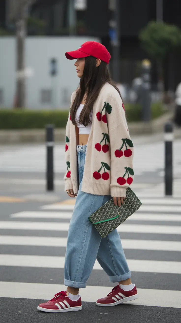 sneakers spring outfit 2026 Cherry-Toned Playfulness With Retro Red Sneakers