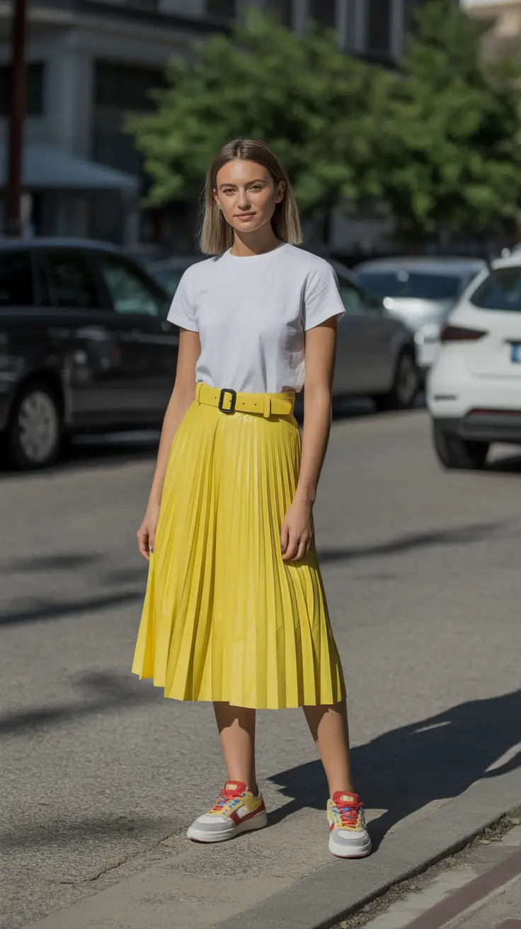 sneakers spring outfit 2026 Sunny Skirts and Playful Colorblocking