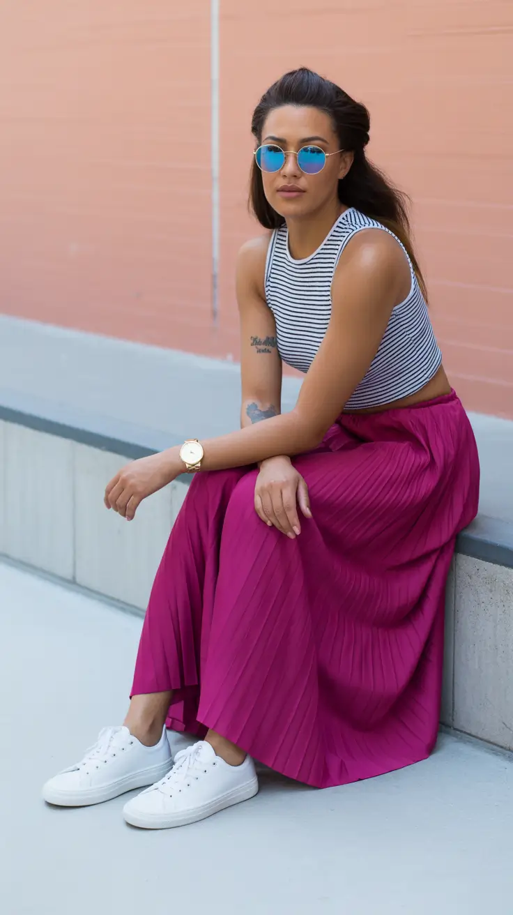 sneakers spring outfit 2026 Striped Basics With a Bold Pleated Pop