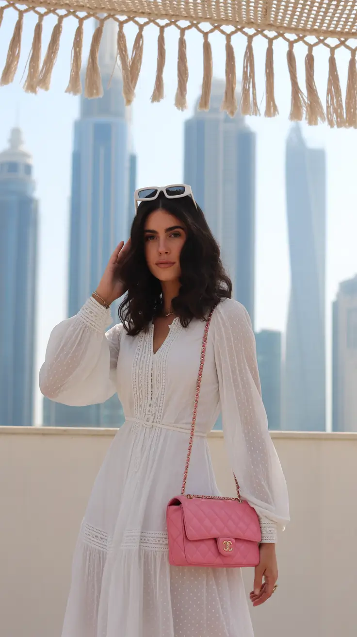 best spring dress outfits 2026-White-Boho-Volume-with-a-Pop-of-Pink-Luxury