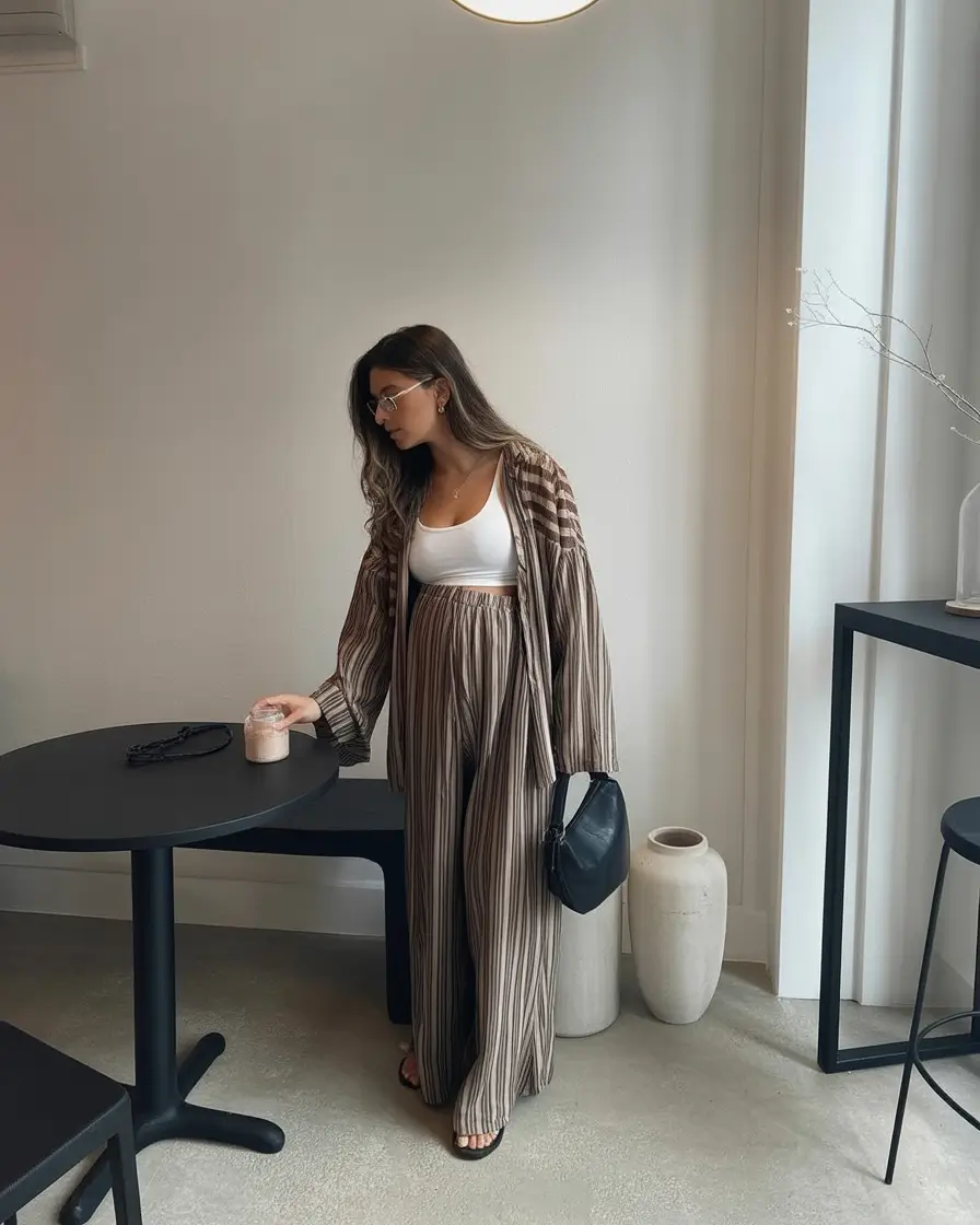 best spring outfit for pregnant women 2026 Relaxed Striped Set with a Clean White Base