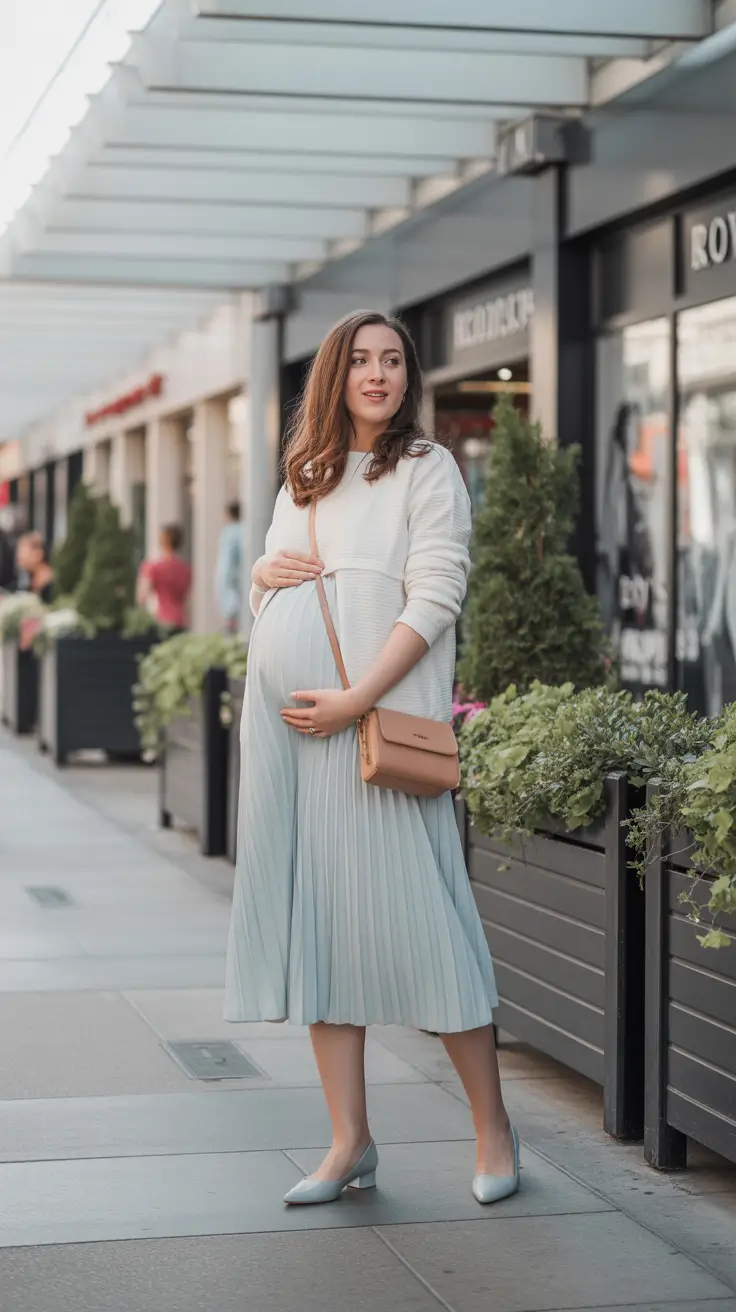 best spring outfit for pregnant women 2026 Soft Monochrome Pleats with Cozy Knit Details