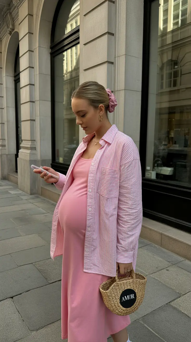 best spring outfit for pregnant women 2026 Monochrome Pink Layers for a Soft Spring Glow