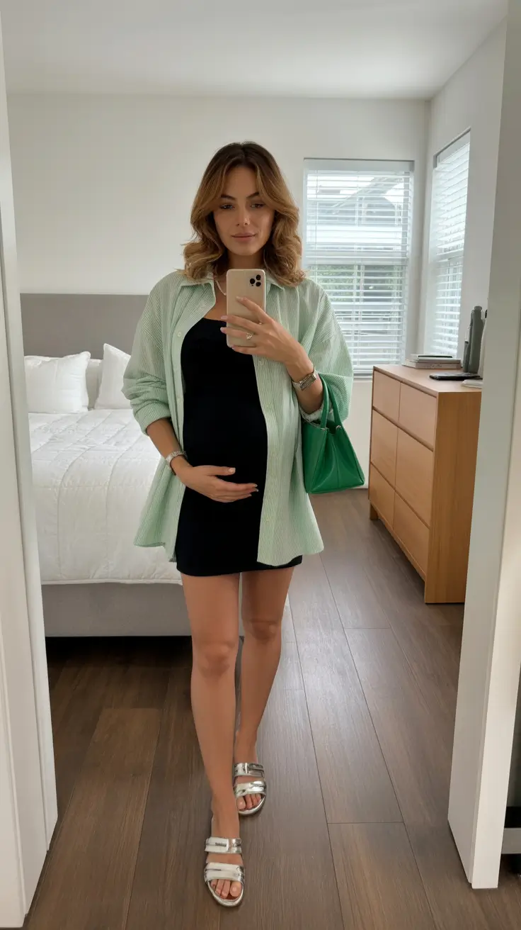 best spring outfit for pregnant women 2026 Mint Layers Over a Minimal Black Mini