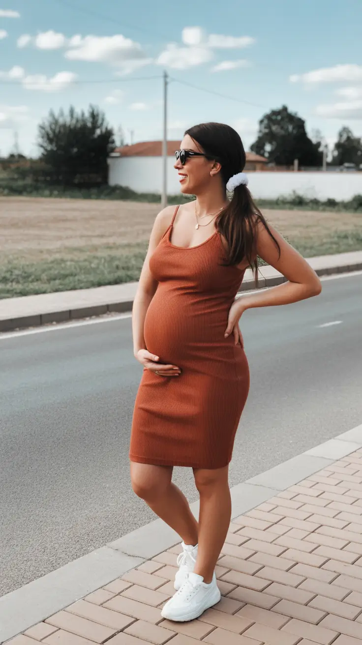 best spring outfit for pregnant women 2026 Ribbed Rust Dress with Fresh White Sneakers