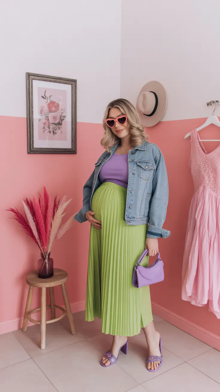 best spring outfit for pregnant women 2026 Playful Pastels and Pleats with a Denim Accent