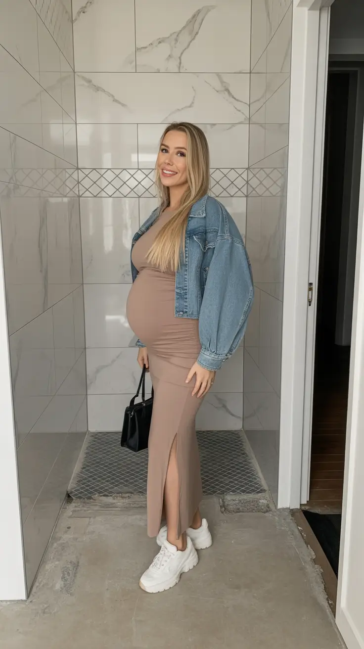best spring outfit for pregnant women 2026 Sporty Neutral Dress with a Denim Jacket Lift