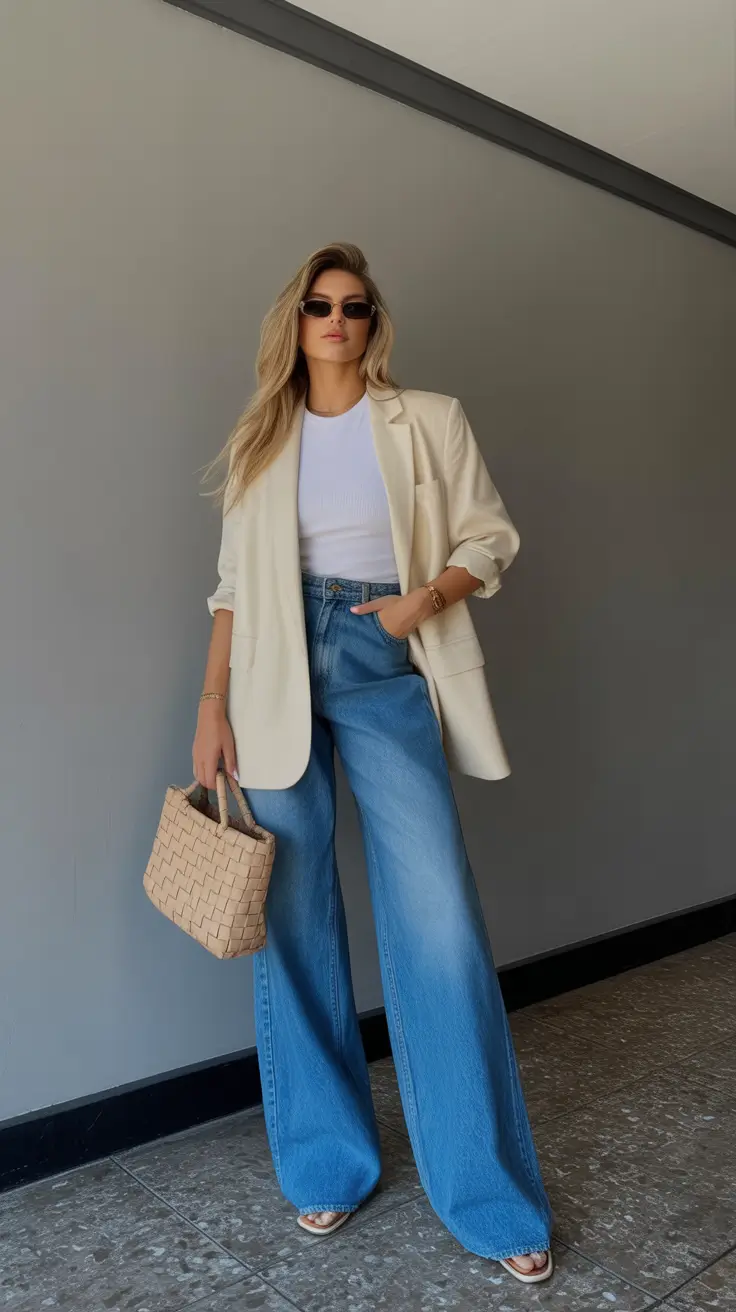 2026 Crisp Cream Blazer with Wide-Leg Denim Flow
