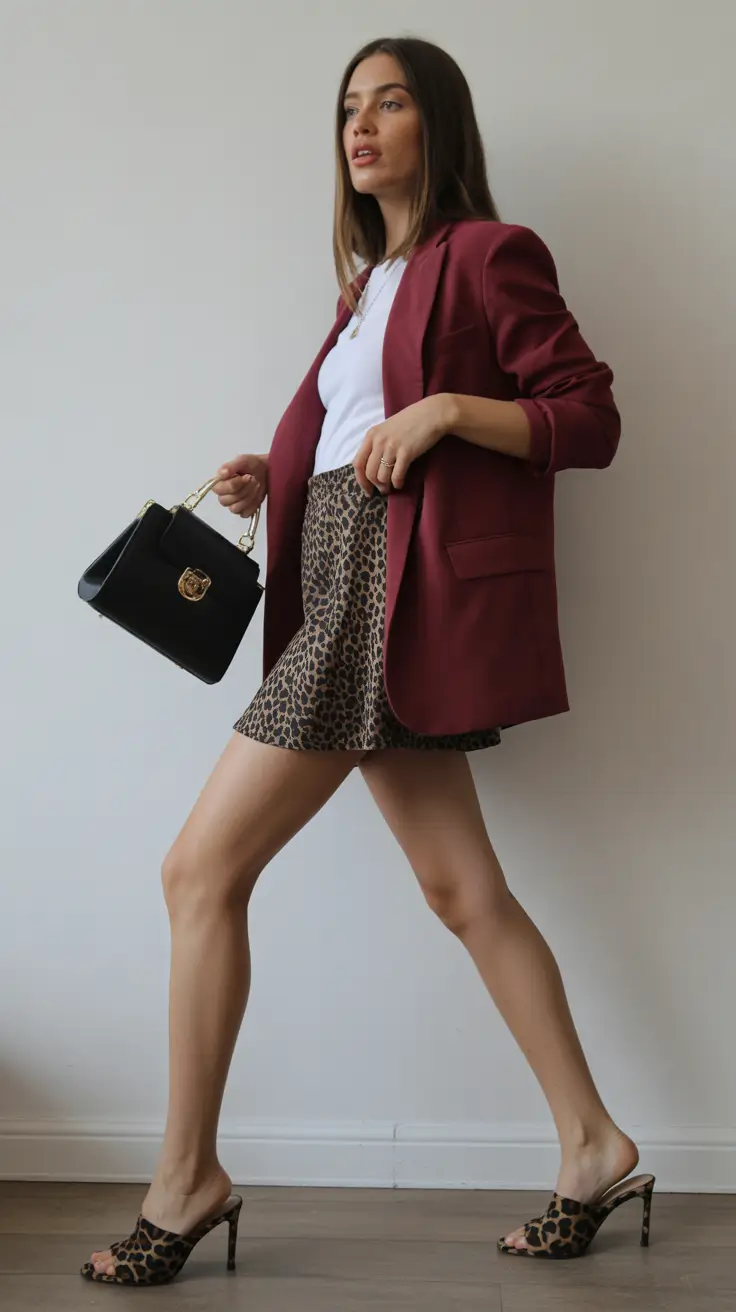 classy spring going out outfits 2026 Leopard Mini and Blazer Power-Play