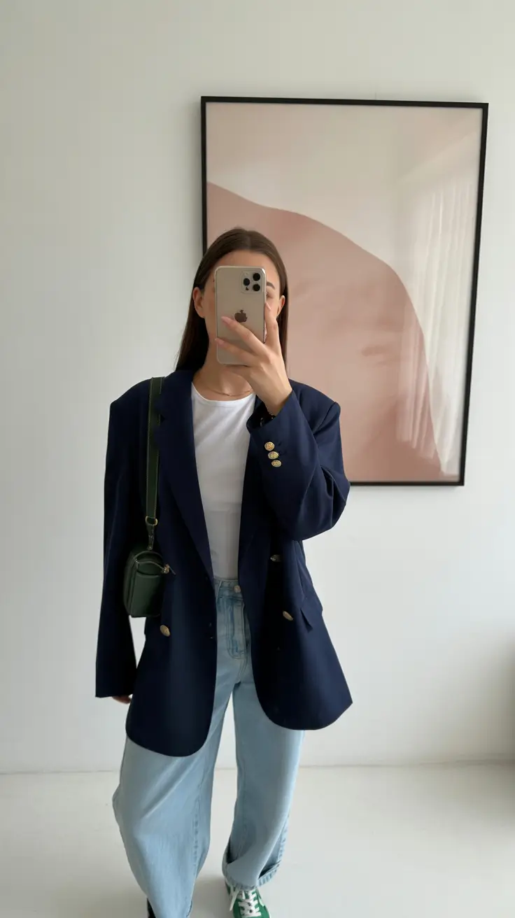 spring office outfits women Navy Structure with Casual Denim Ease