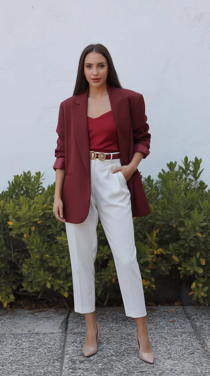 spring office outfits women Deep Burgundy Layers With Fresh Spring Neutrals