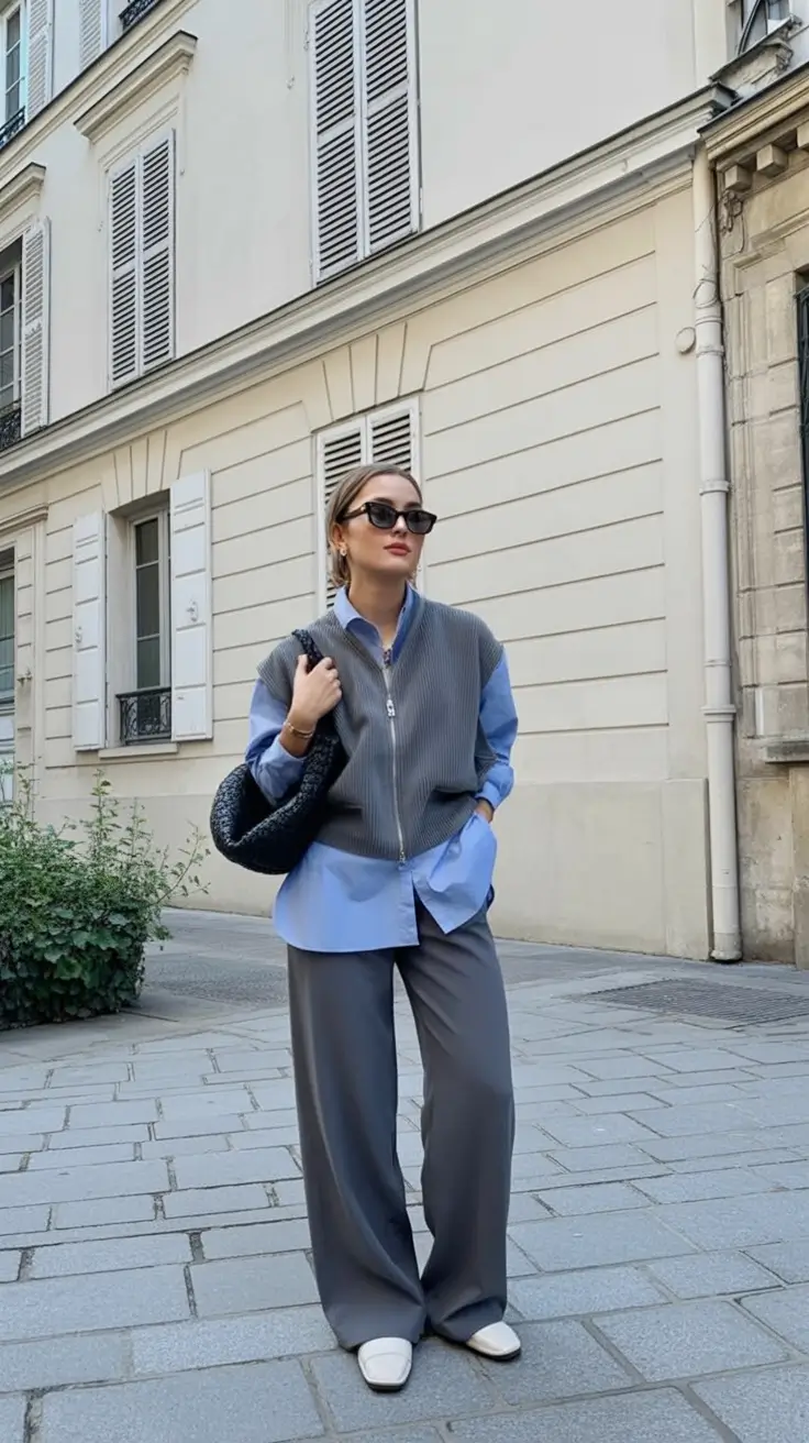 spring office outfits women Layered Blues and Greys for a Relaxed Spring Professional Look
