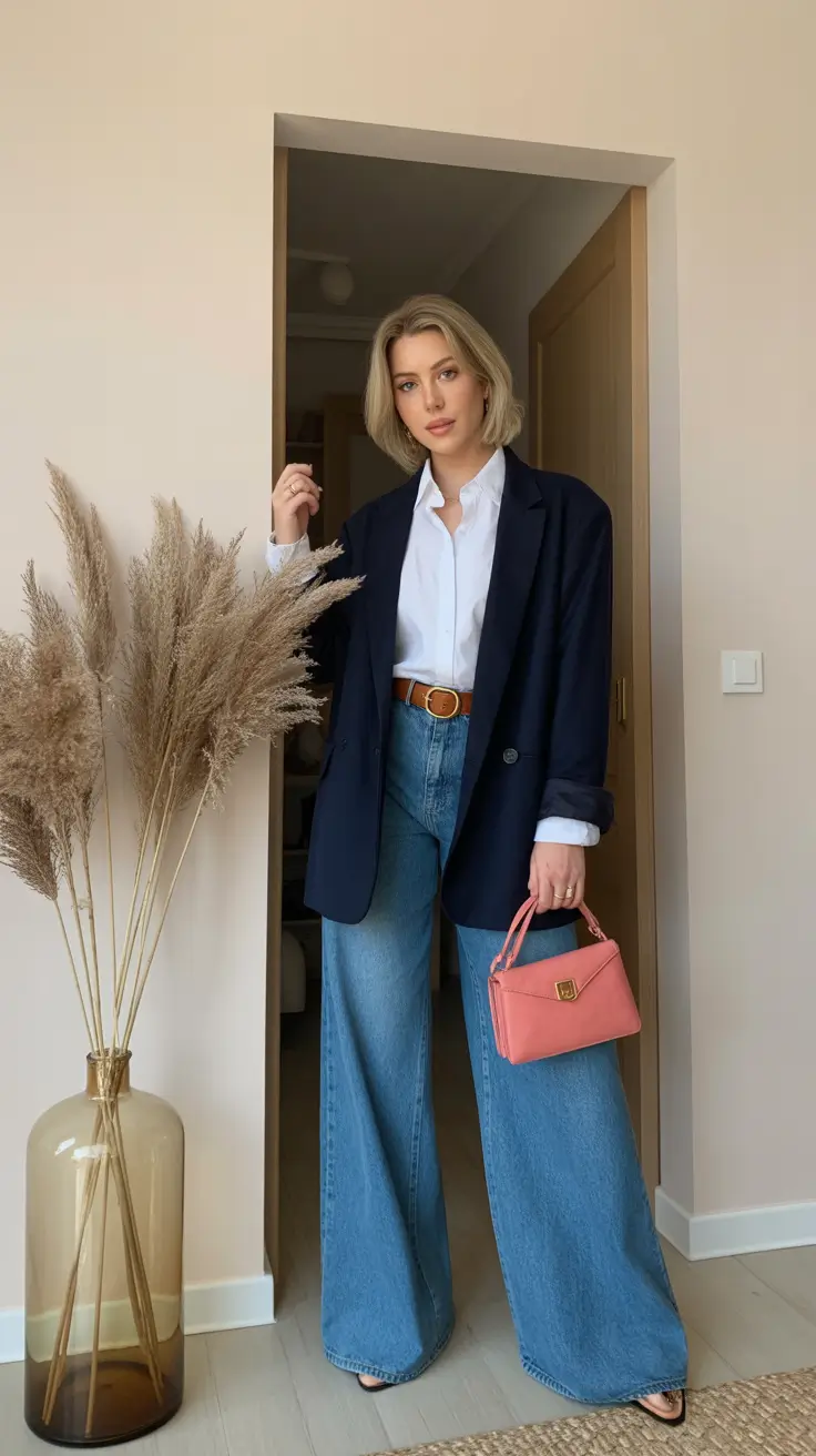 spring office outfits women Classic Navy and Denim With a Pop of Color