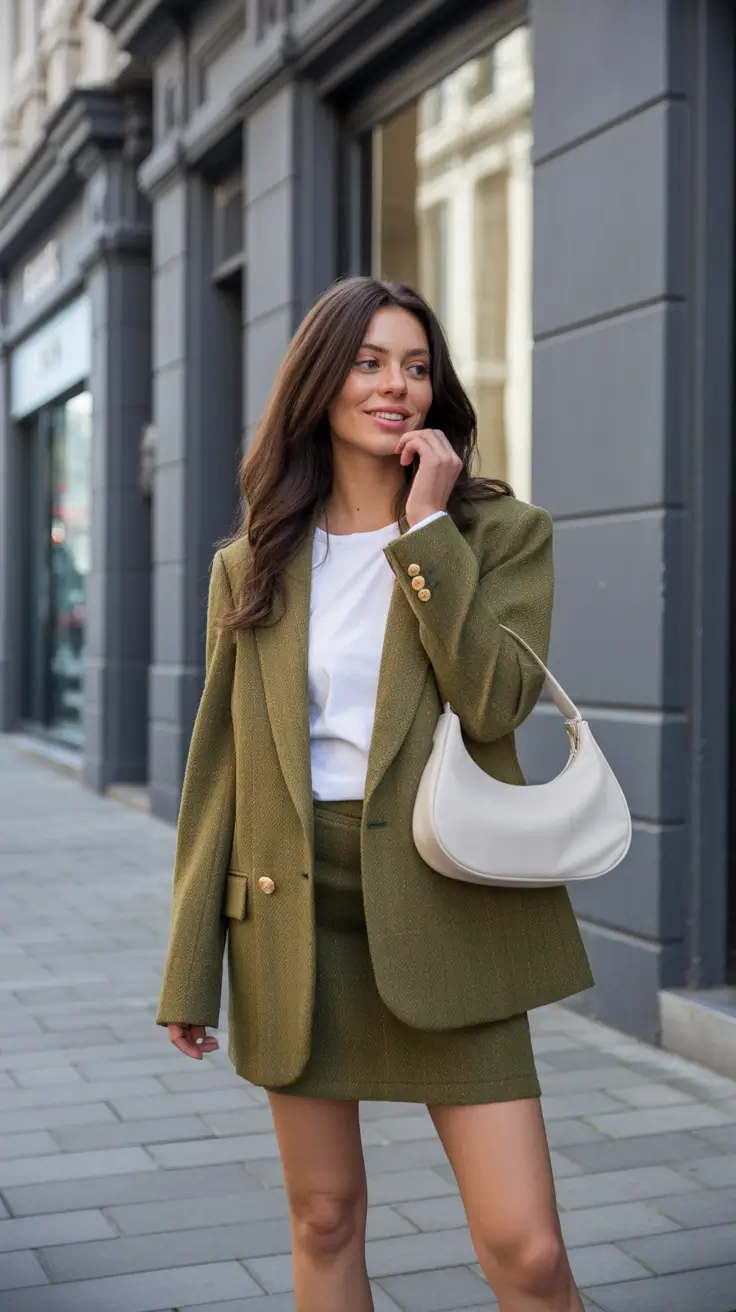 spring outfits 2026 for women over 30 Olive Suiting with Quiet Luxury Appeal