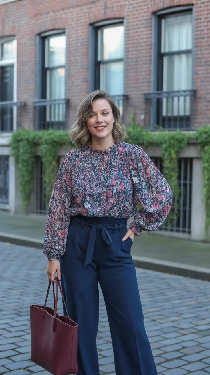 spring outfits 2026 for women over 30 Floral Elegance with Tailored Navy Balance