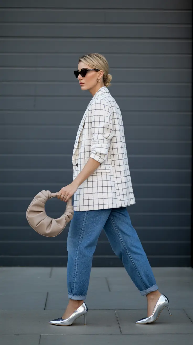 spring-outfits-women-over-40-2026 - Grid Patterns and Silver Accents