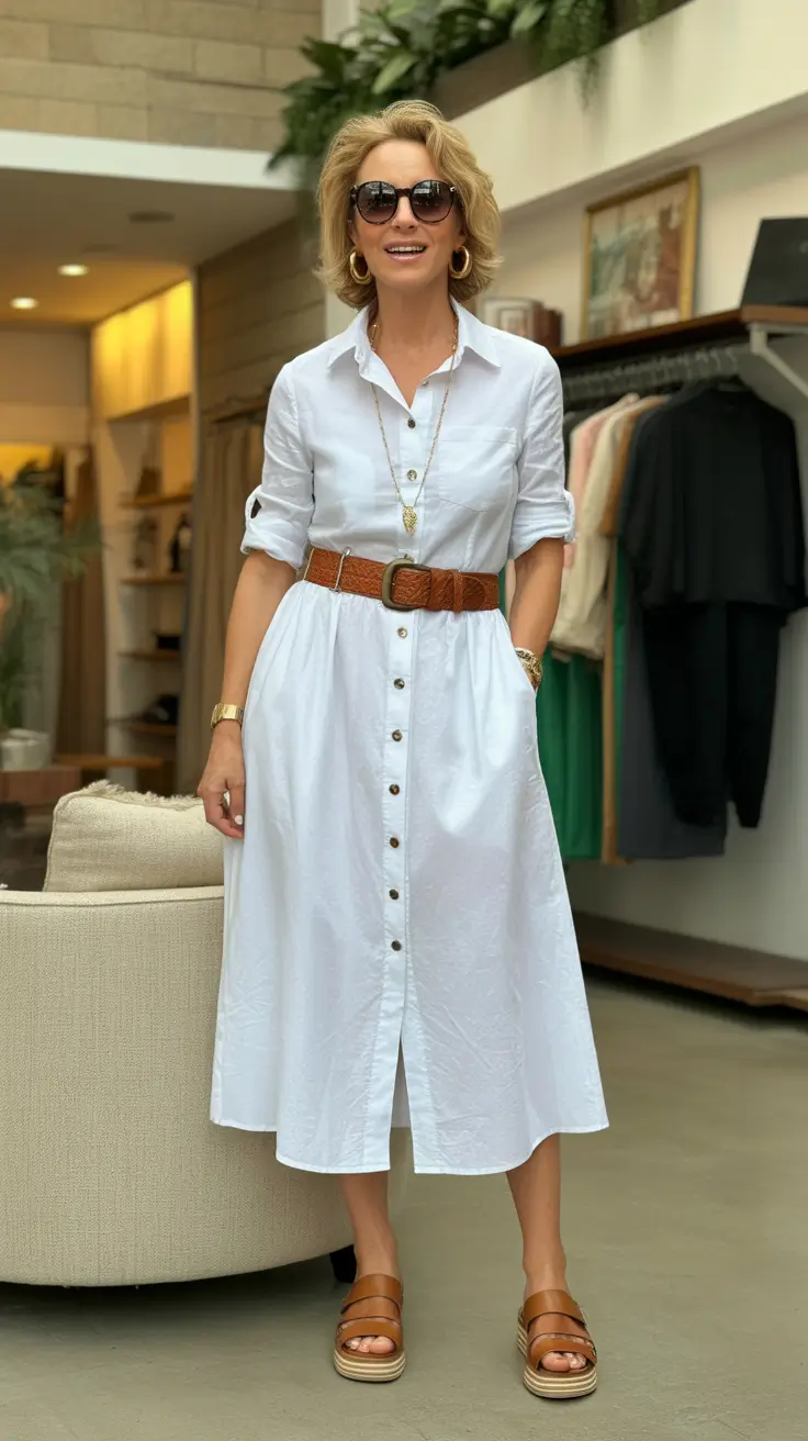 spring outfits for women over 50 2026 Crisp White Shirt Dress With Effortless Early Spring Charm
