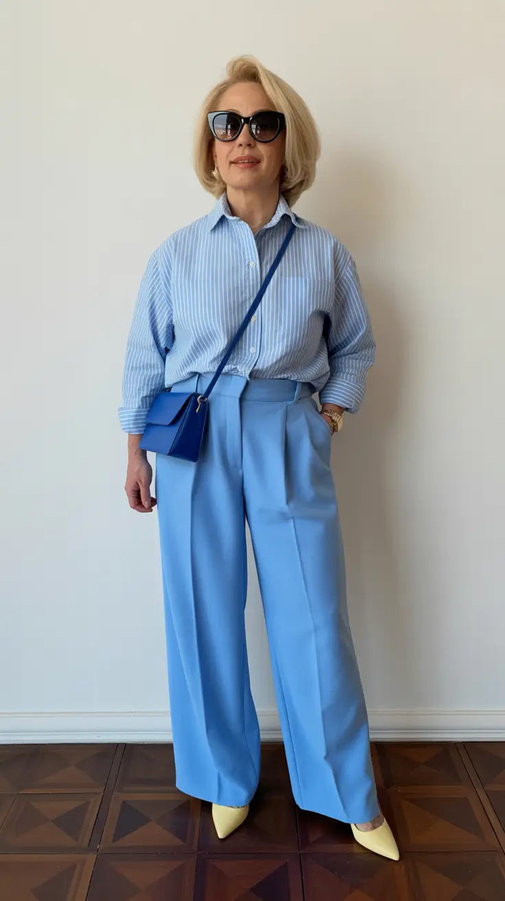 spring outfits for women over 50 2026 Blue-on-Blue Tailoring With Fresh Spring Energy