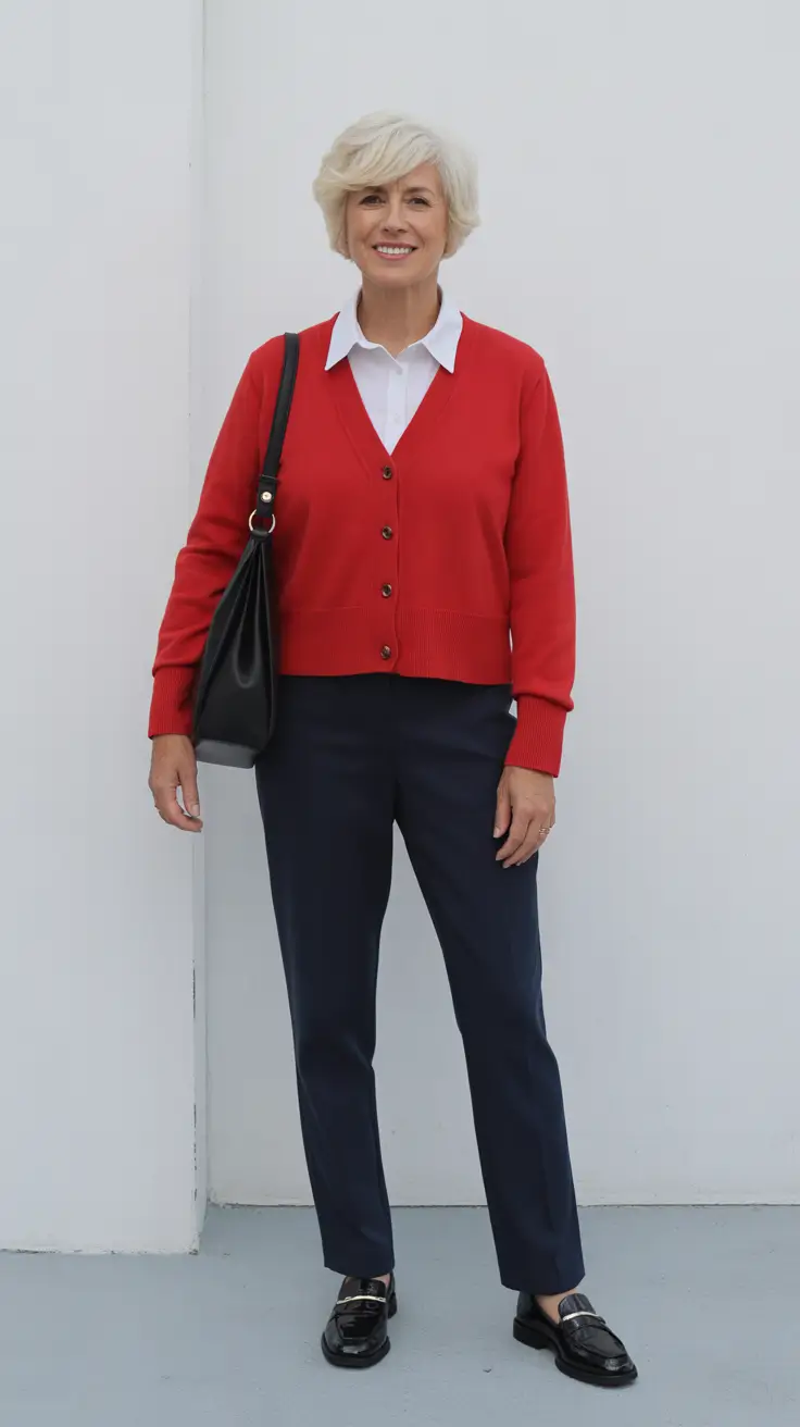 spring outfits for women over 60 2026 Classic Red Cardigan With Timeless Navy Trousers