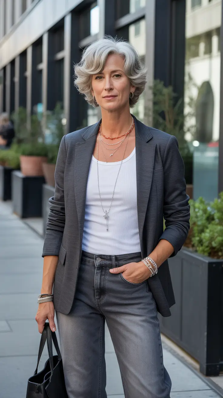 spring outfits for women over 60 2026 Urban Gray Layers With Modern Attitude