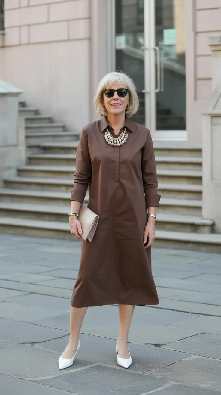 spring outfits for women over 60 2026 Rich Chocolate Tones With Sculptural Accessories