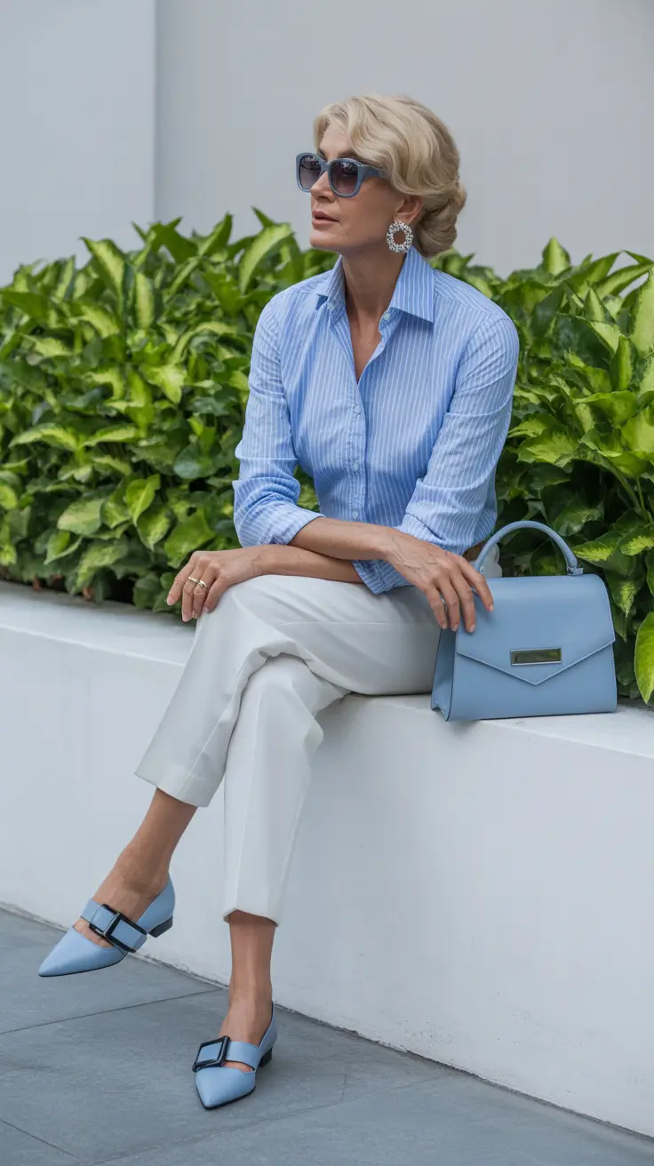 spring outfits for women over 60 2026 Powder Blue Elegance in Light Neutrals