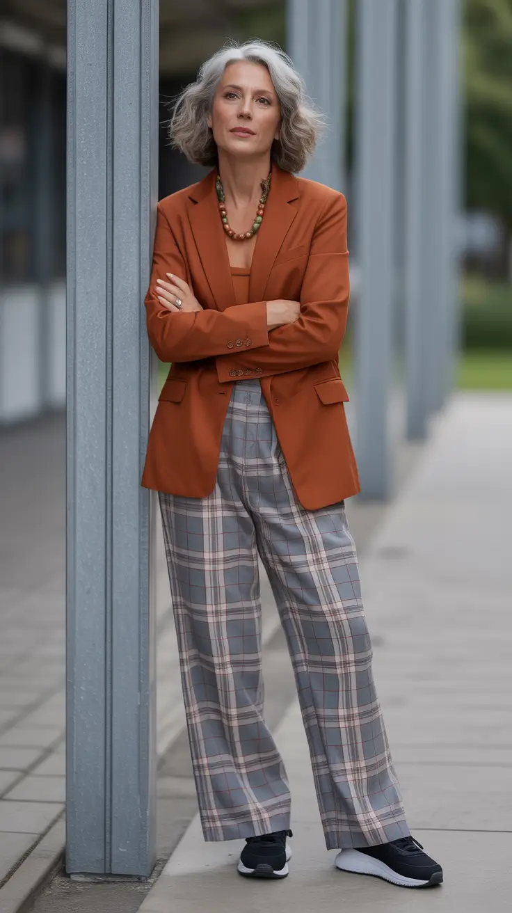 spring outfits for women over 60 2026 Rust Blazer and Plaid Trousers With Sporty Details
