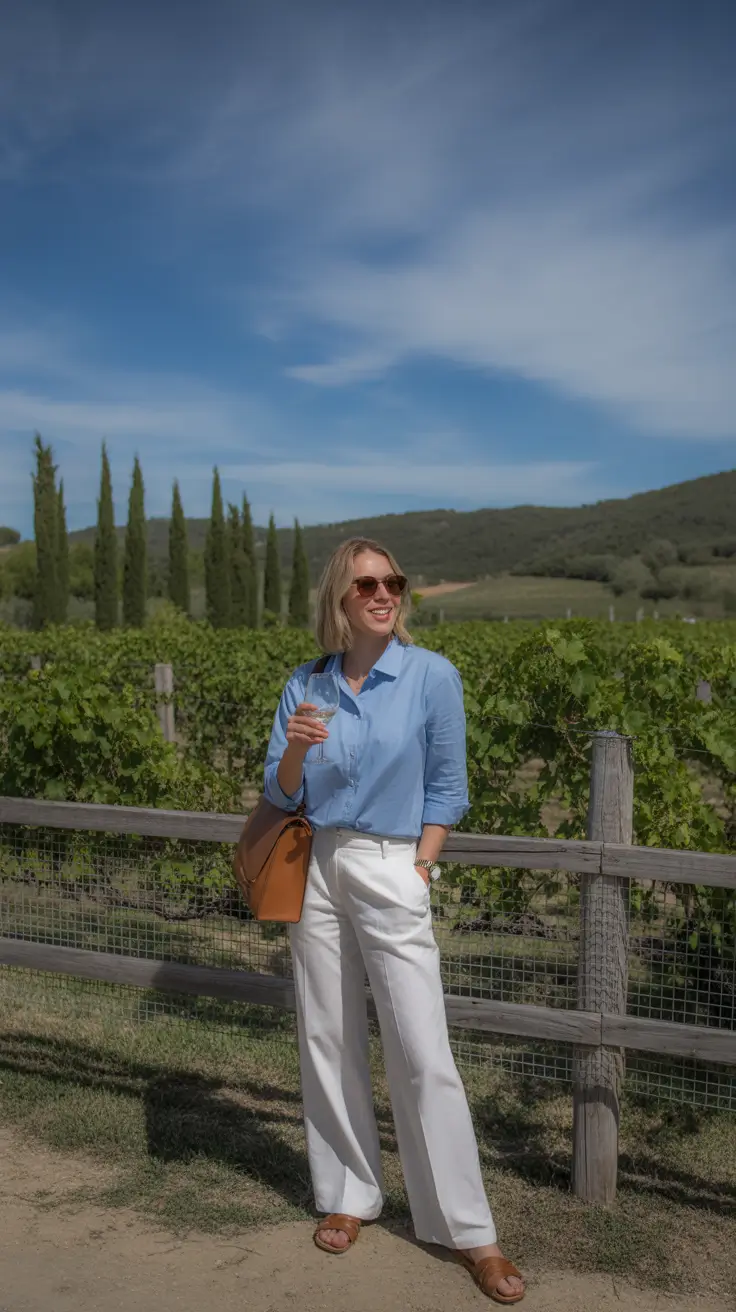 spring travel outfits 2026 Soft Blues and Tailored Whites for Vineyard Days
