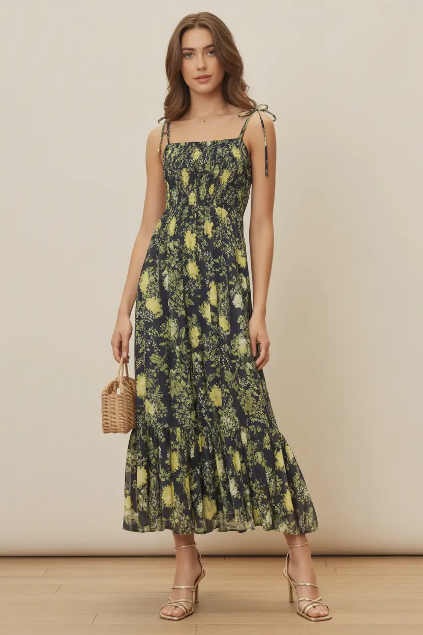 spring wedding guest outfit 2026 Dark Floral Ruffle Maxi for Outdoor Evenings and Chilly Spring Weather