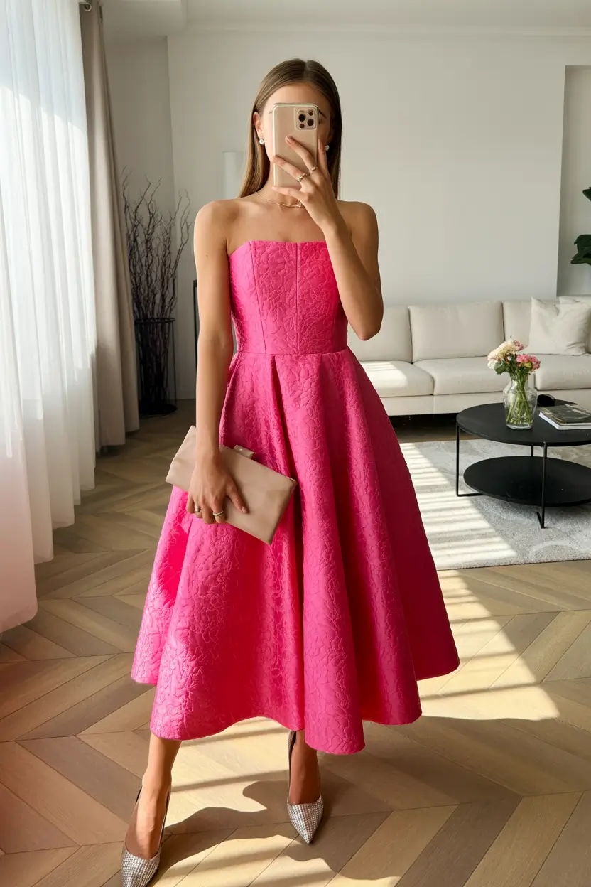 spring wedding guest outfit 2026 Bold Pink Couture for Classy Formal Spring Receptions