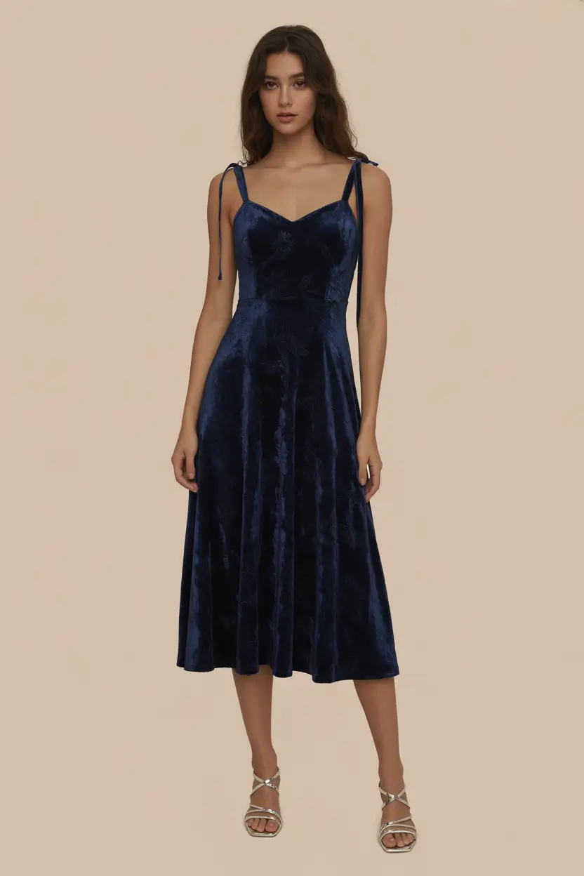 spring wedding guest outfit 2026 Navy Velvet Grace for Formal and Chilly Spring Evenings