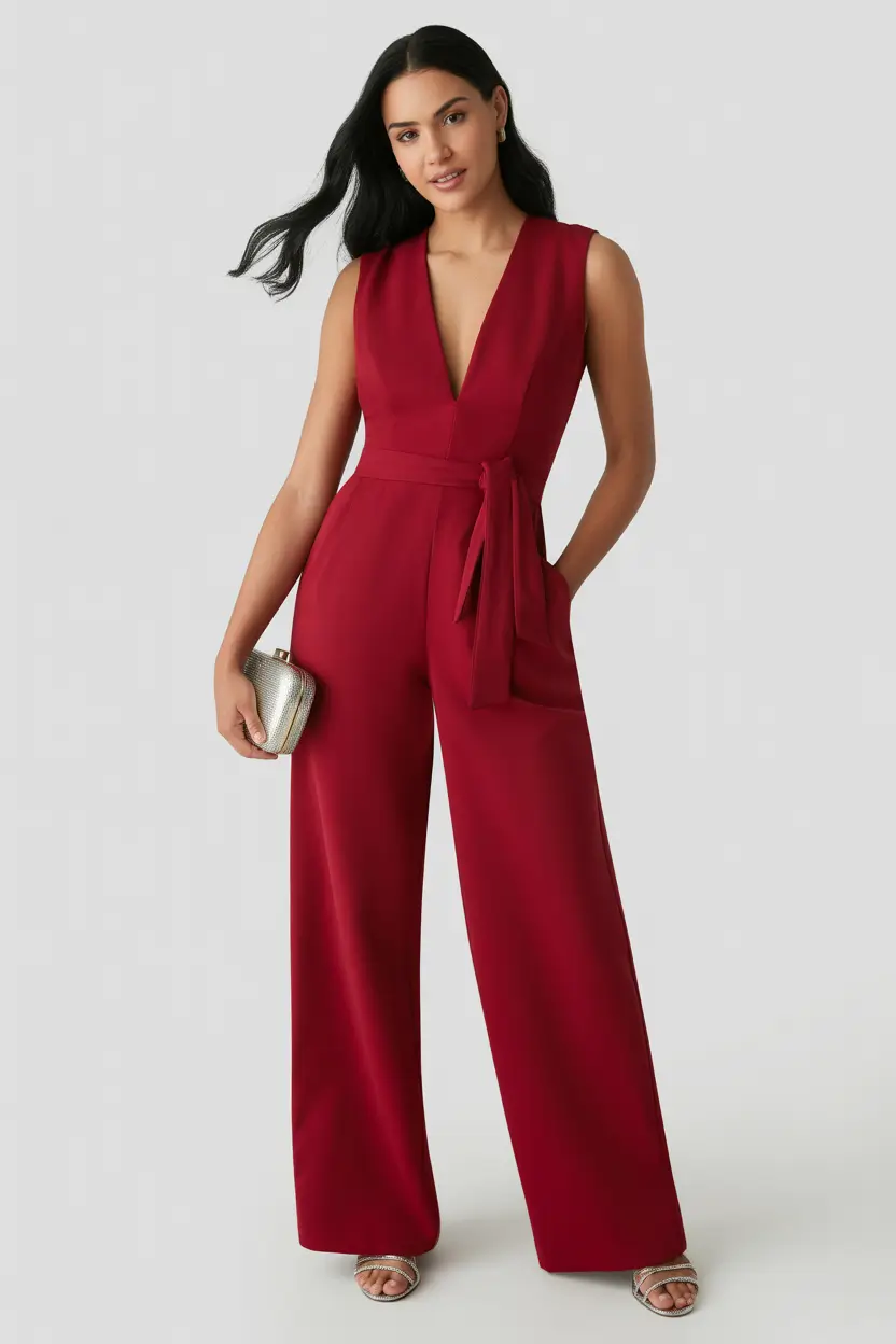 spring wedding guest outfit 2026 Burgundy Power Jumpsuit for Chic Semi Formal Spring Receptions