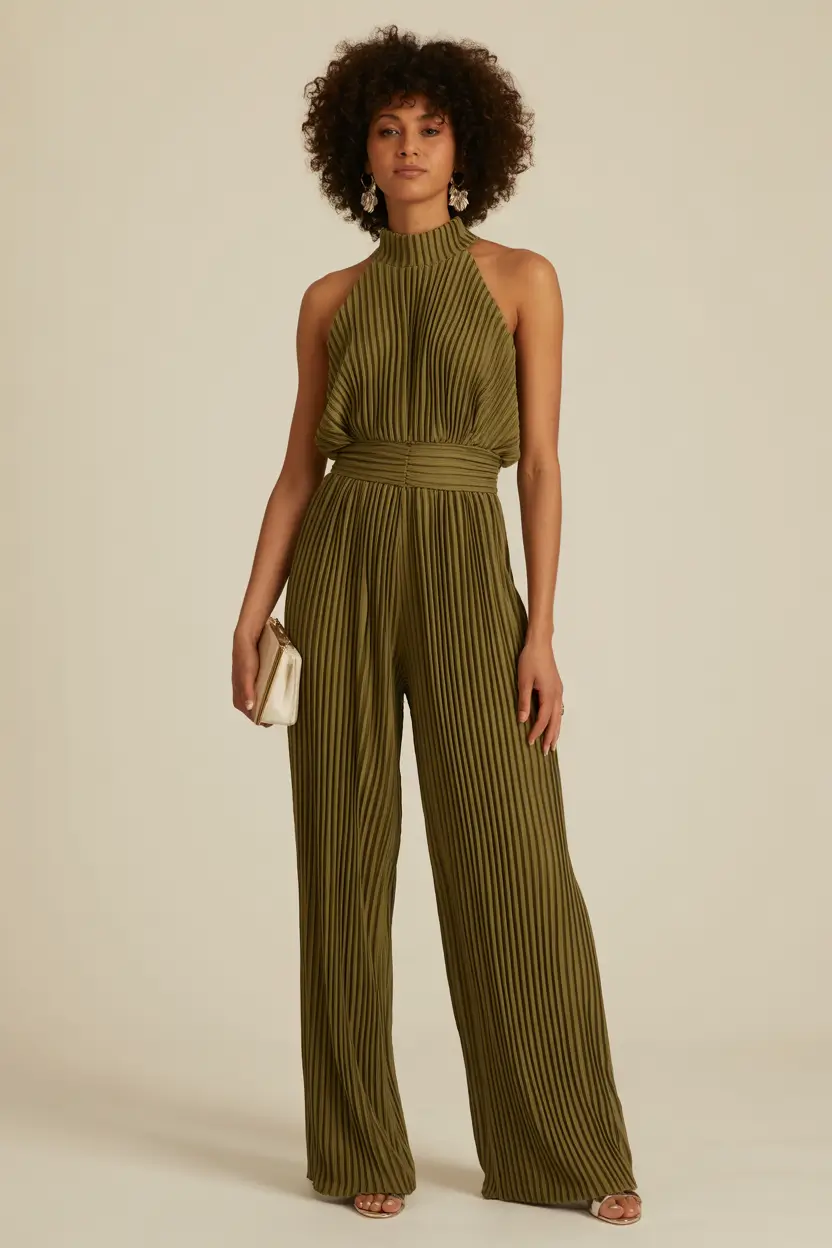 spring wedding guest outfit 2026 Olive Pleated Effortlessness for Classy Casual Outdoor Weddings