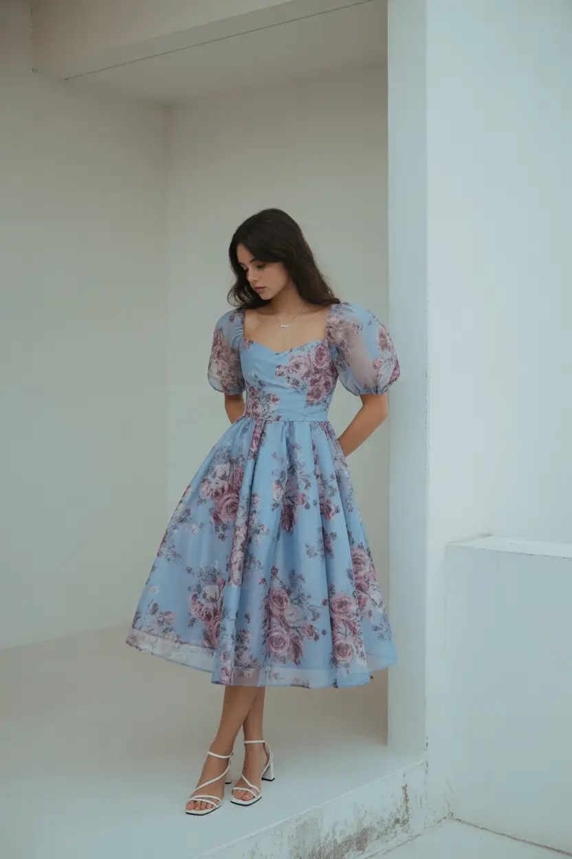 spring wedding guest outfit 2026 Romantic Blue Florals for Dreamy Semi Formal Weddings