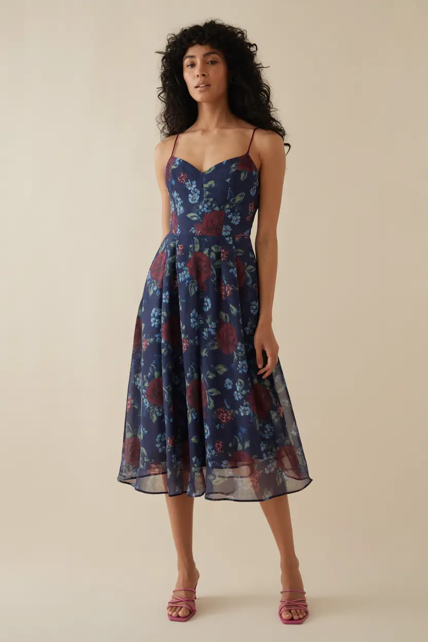 spring wedding guest outfit 2026 Midnight Floral Charm for Early Spring Receptions