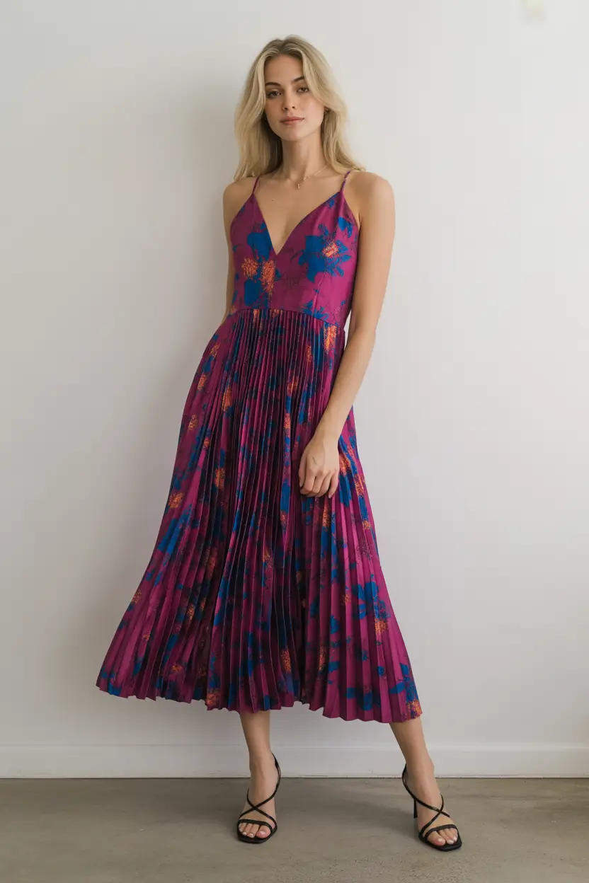 spring wedding guest outfit 2026 Berry-Pink Pleated Bloom for Semi Formal Spring Evenings