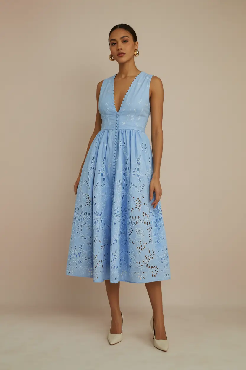 spring wedding guest outfit 2026 Sky-Blue Eyelet Grace for Classy Outdoor Ceremonies