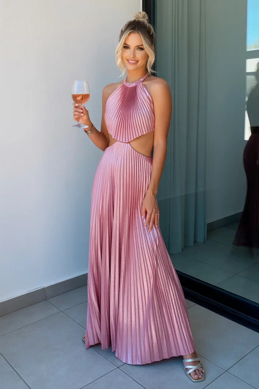 spring wedding guest outfit 2026 Rosé Metallic Glamour for Classy Chic Evening Weddings