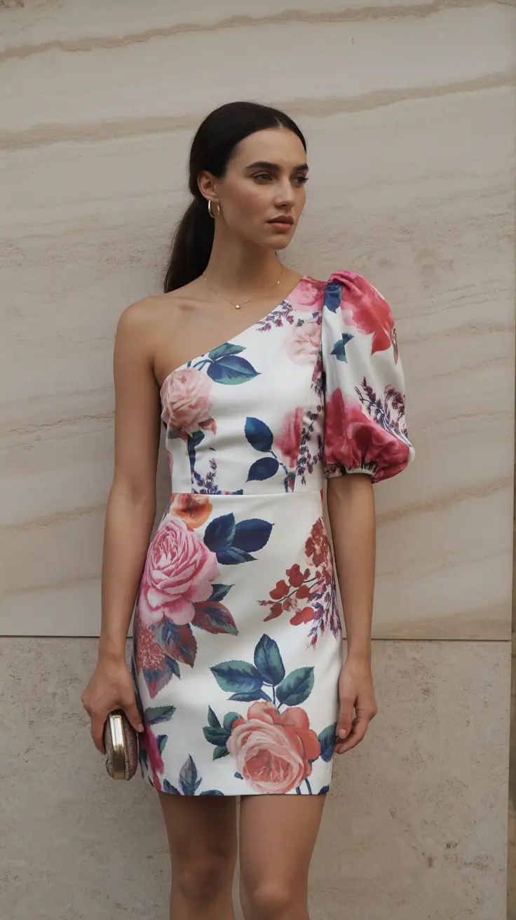 spring wedding outfits for guest Bold Florals with Modern One-Sleeve Balance