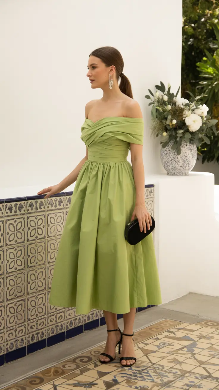 spring wedding outfits for guest Fresh Green Romance with Off-Shoulder Charm