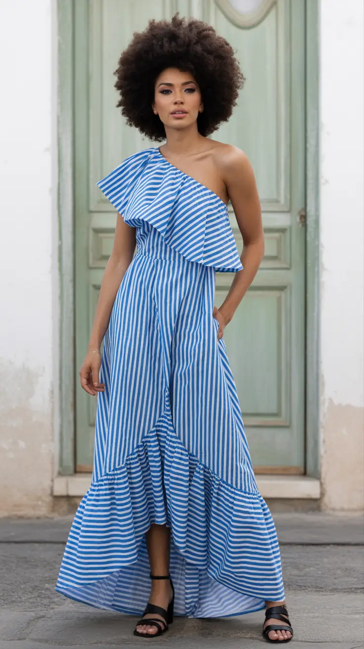 spring wedding outfits for guest Breezy Stripes with a Playful One-Shoulder Twist