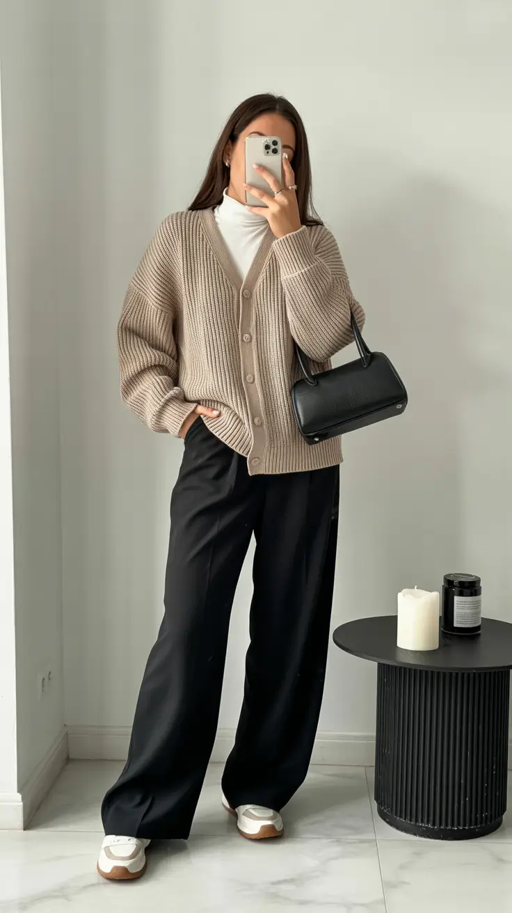 winter to spring outfits 2026-Chic Neutrals With Black Wide-Leg Trousers