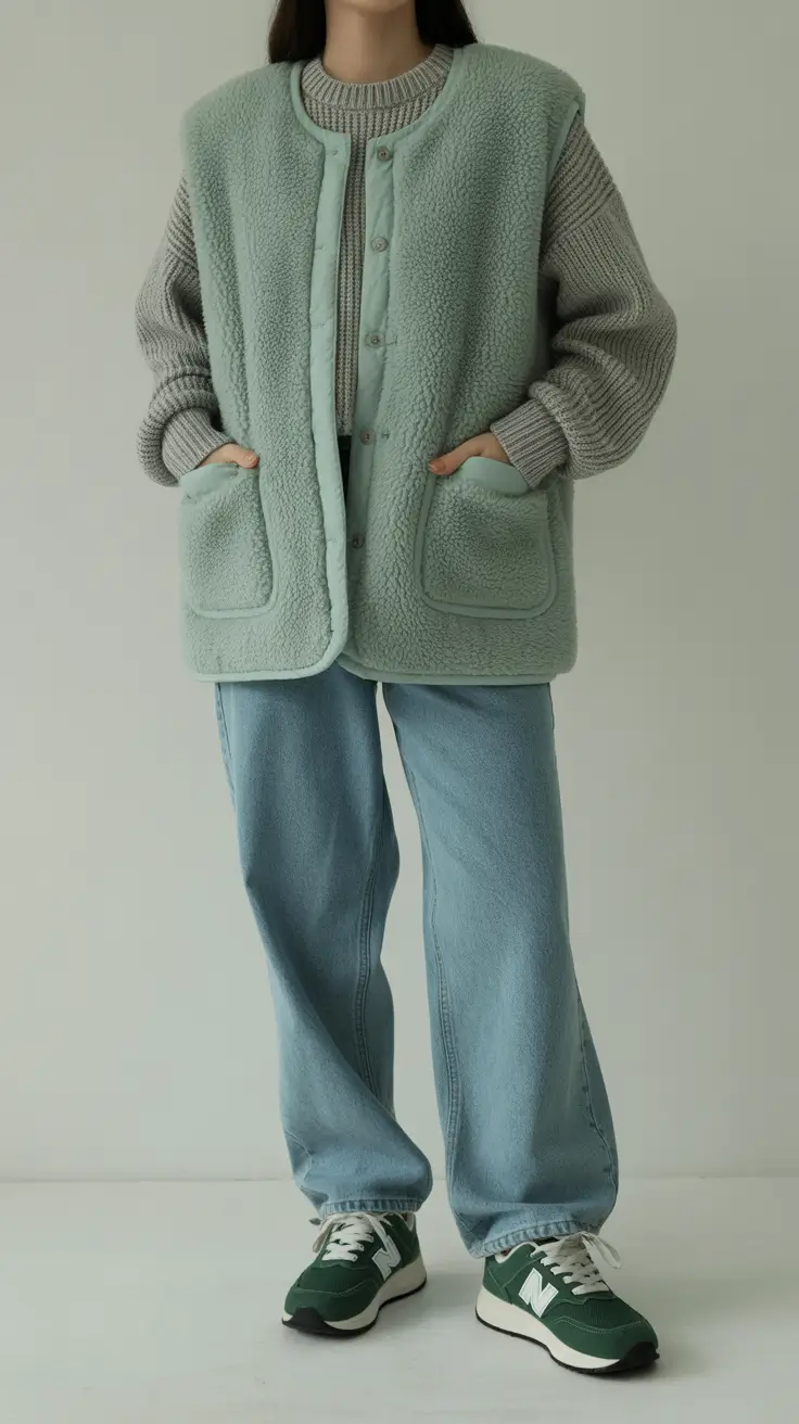 winter to spring outfits 2026-Minty Softness With Relaxed Denim