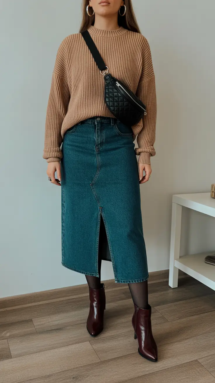 winter to spring outfits 2026-Denim Skirt Structure With Cozy Neutrals