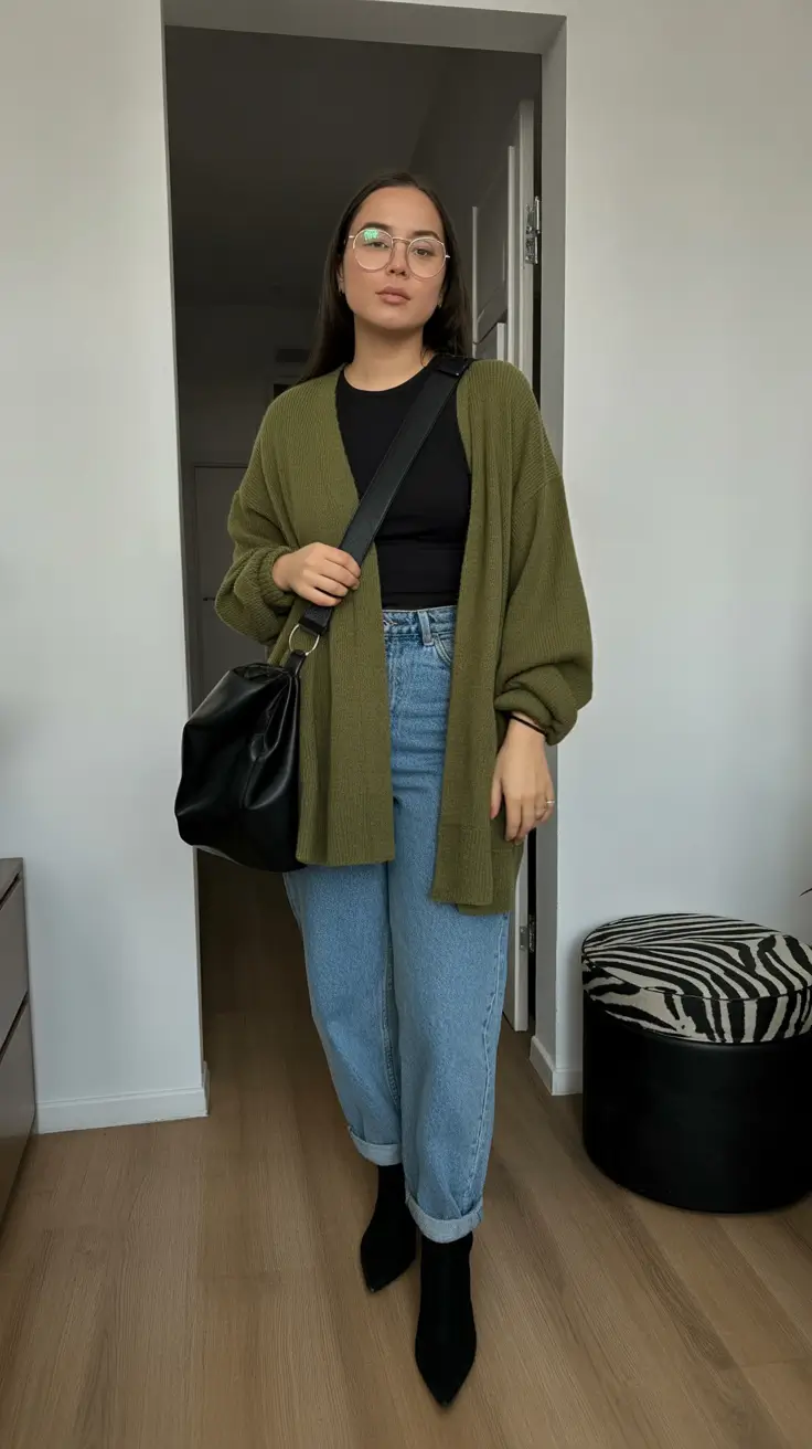 winter to spring outfits 2026-Relaxed Olive Knit With Black Denim Ease