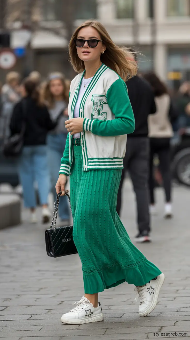 winter to spring outfits 2026-Green Knit Elegance With Varsity Charm
