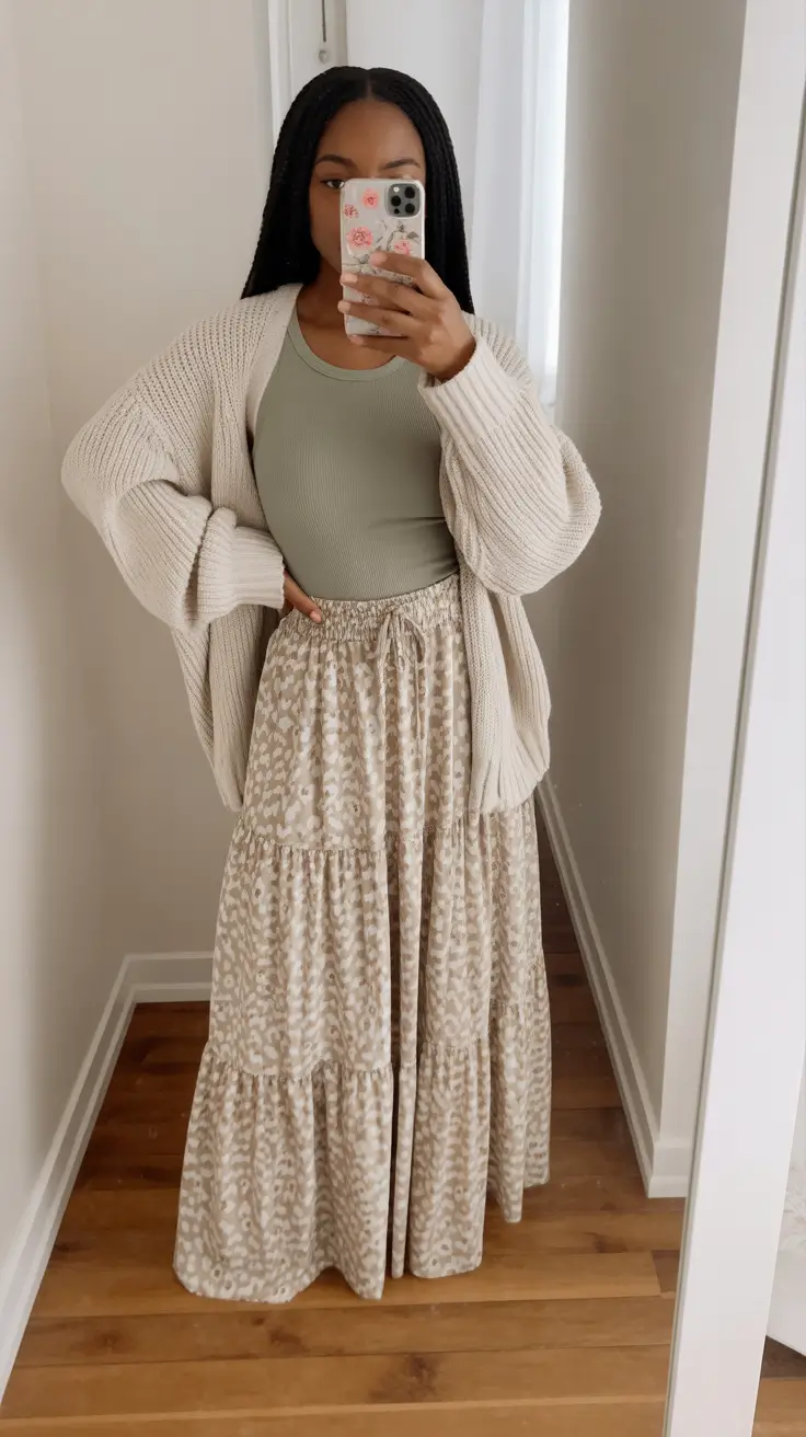 spring church outfits 2026 Layered Neutrals for Modest Warmth on Cold Spring Days