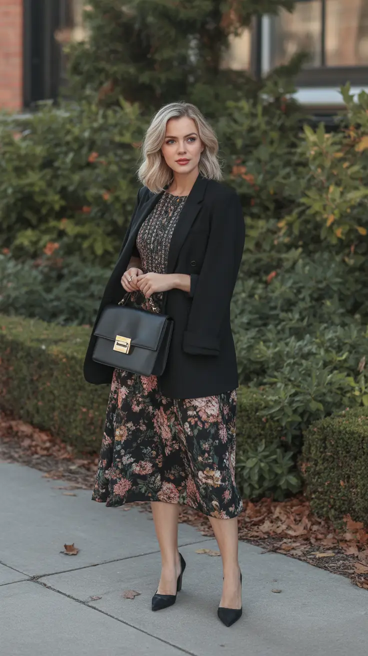 spring church outfits 2026 Dark Florals with a Structured Blazer for Elegant Spring Confidence