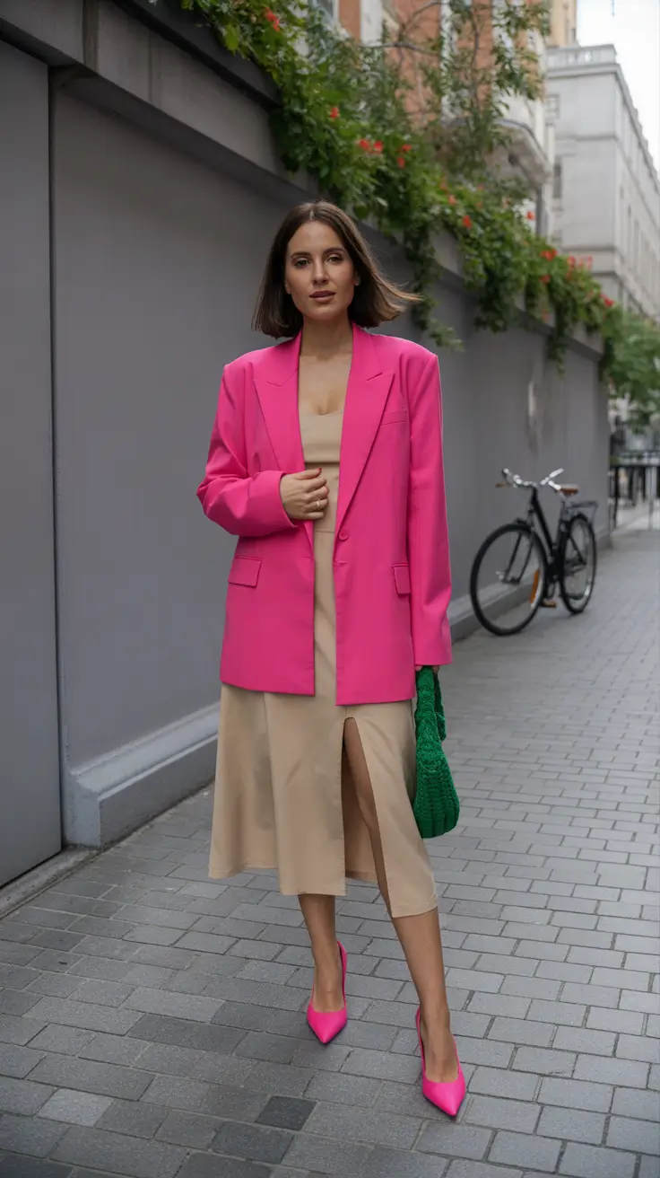 spring fashion trends 2026 Bold Pink with Soft Neutral Layers