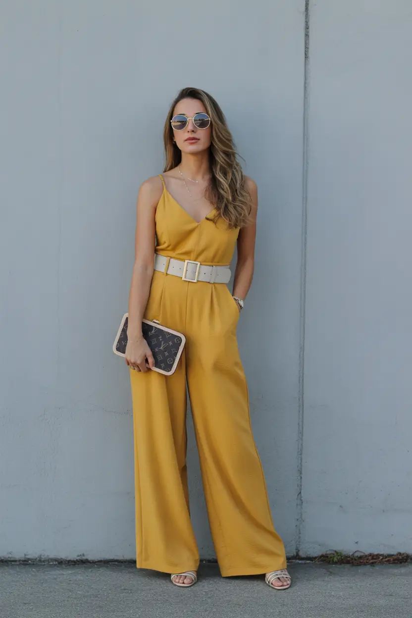 spring brunch outfits Golden Jumpsuit Confidence for a Chic Spring Moment